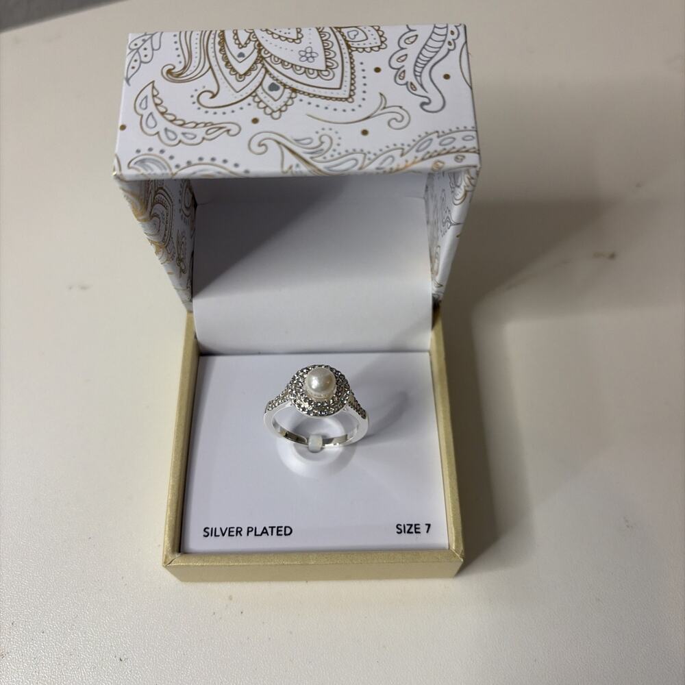 Charter Club Silver-Plated Crystal & Imitation Pearl Halo Ring - Size 7